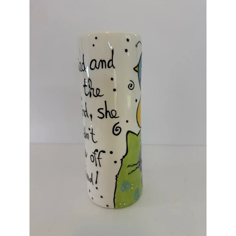 Lotus Ceramic Cat and Bird Whimsical Cylinder Vase 10 Inch Hand Painted
